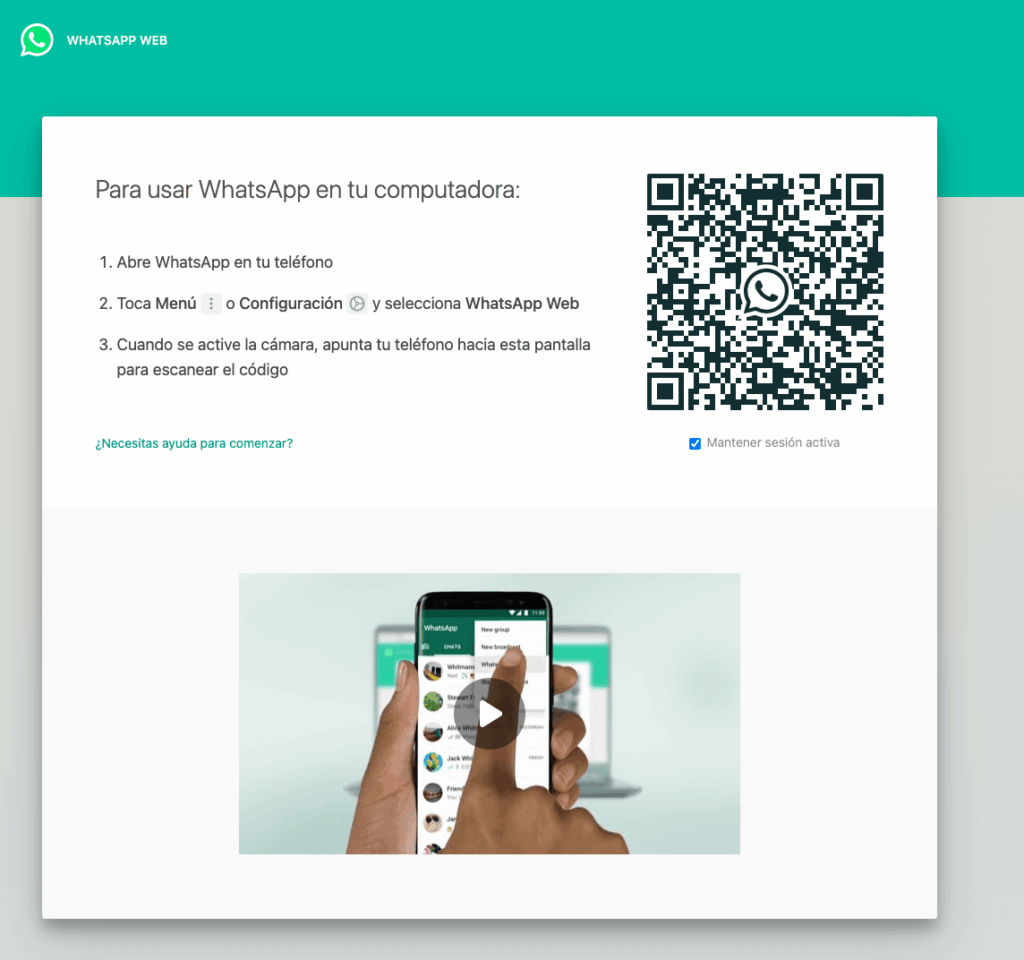 ejemplo de pantallazo de como iniciar sesión en whatsapp web