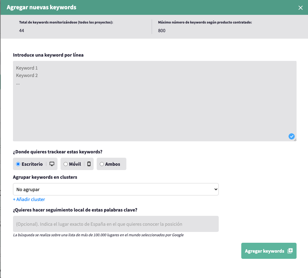 como añadir palabras clave en dinorank