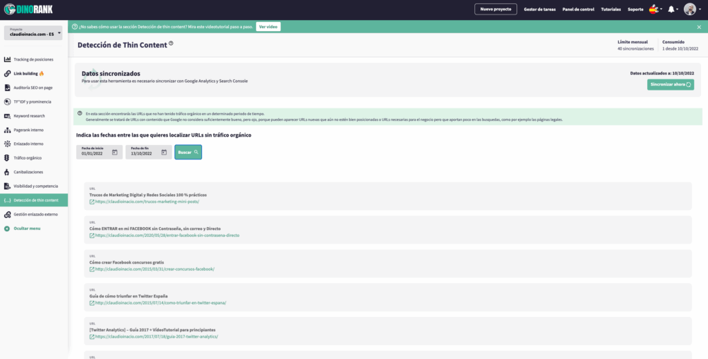 ejemplo de detección de thin content con dinorank
